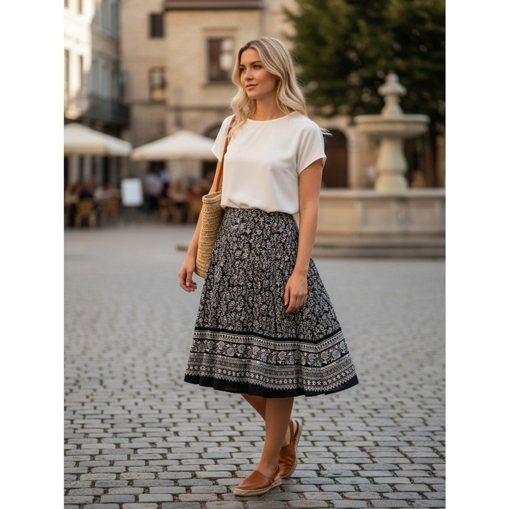 Apt. 9 Floral Print Midi Skirt Women 8 Black White Sequin Embelished Whimsygoth